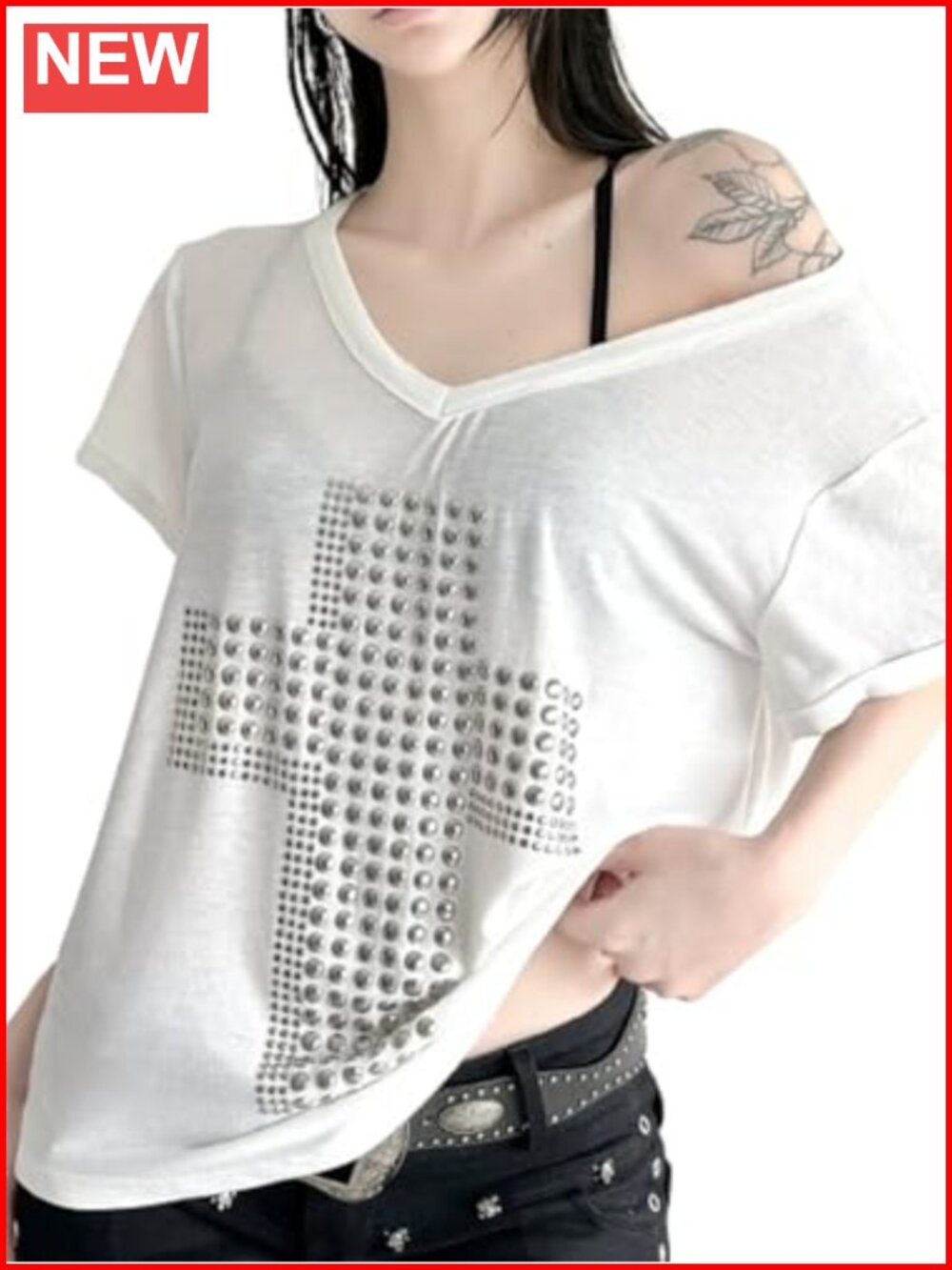 Oversized Metal Sequins Cross Graphic Tee Off Shoulder V Neck Tshirt Grunge